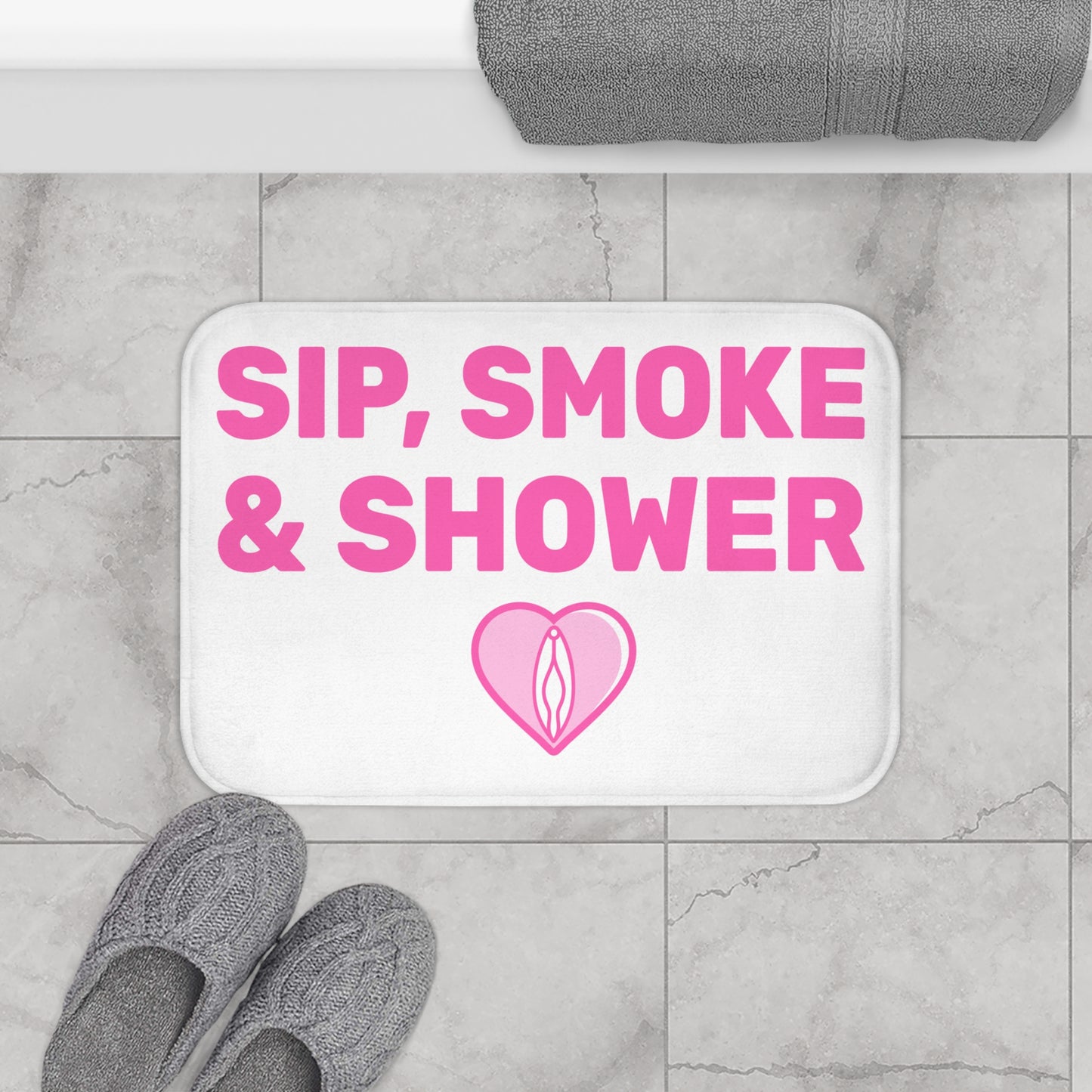 Sip, Smoke & Shower (White) - Bathroom Mat